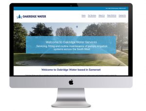 Image of the Oakbridge Water website in a desktop computer that Squiggles Graphics - a design agency in Langport, Somerset proudly designed.