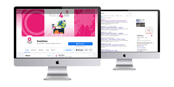 Image of the Post it 4 Me facebook page & Google My Business listing in two laptop vectors, that Squiggle Graphics - a design agency in Langport, Somerset proudly designed the Website, Logo, facebook page & Google My Business page for.