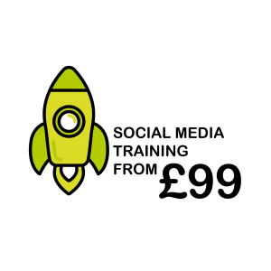 Image of vector rocket with text ‘Social media Training from £99’ as provided to small businesses by Website Design and Graphic Design agency, Squiggle Graphics based in Langport in Somerset.