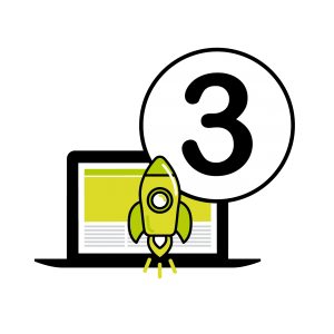 Vector image of the number 3, with a rocket and a website on a laptop to represent the thirds step of the website design process at Squiggles Graphics, a Website Design agency in Langport, Somerset.